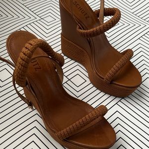 SCHUTZ NEW Tisha Leather Wedge Sandal In Wood